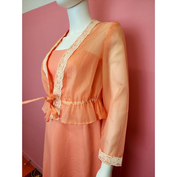 Vintage 1970's Orange 2 Piece Gown with Matching Sheer Organza Lace Bolero - Picture 6 of 10